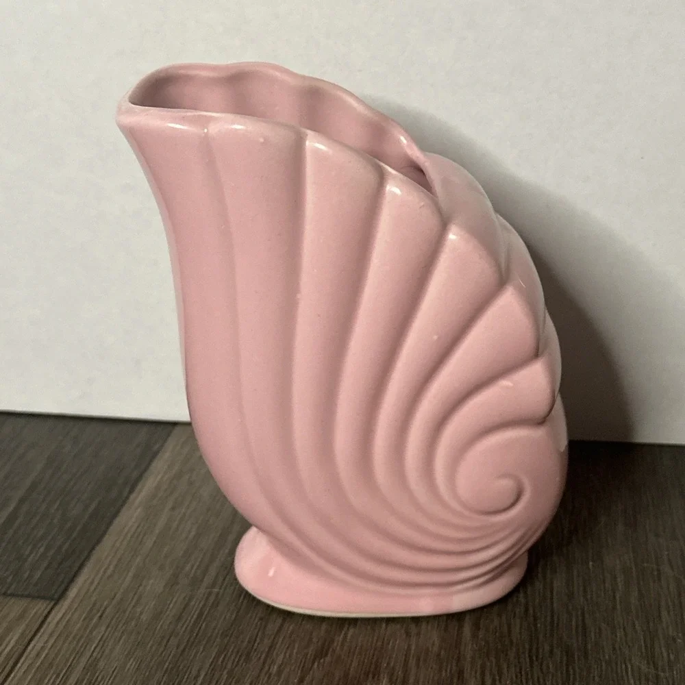 Vtg Pottery Vase Planter Pink Cornucopia Nautilus Shell MCM Art Deco USA